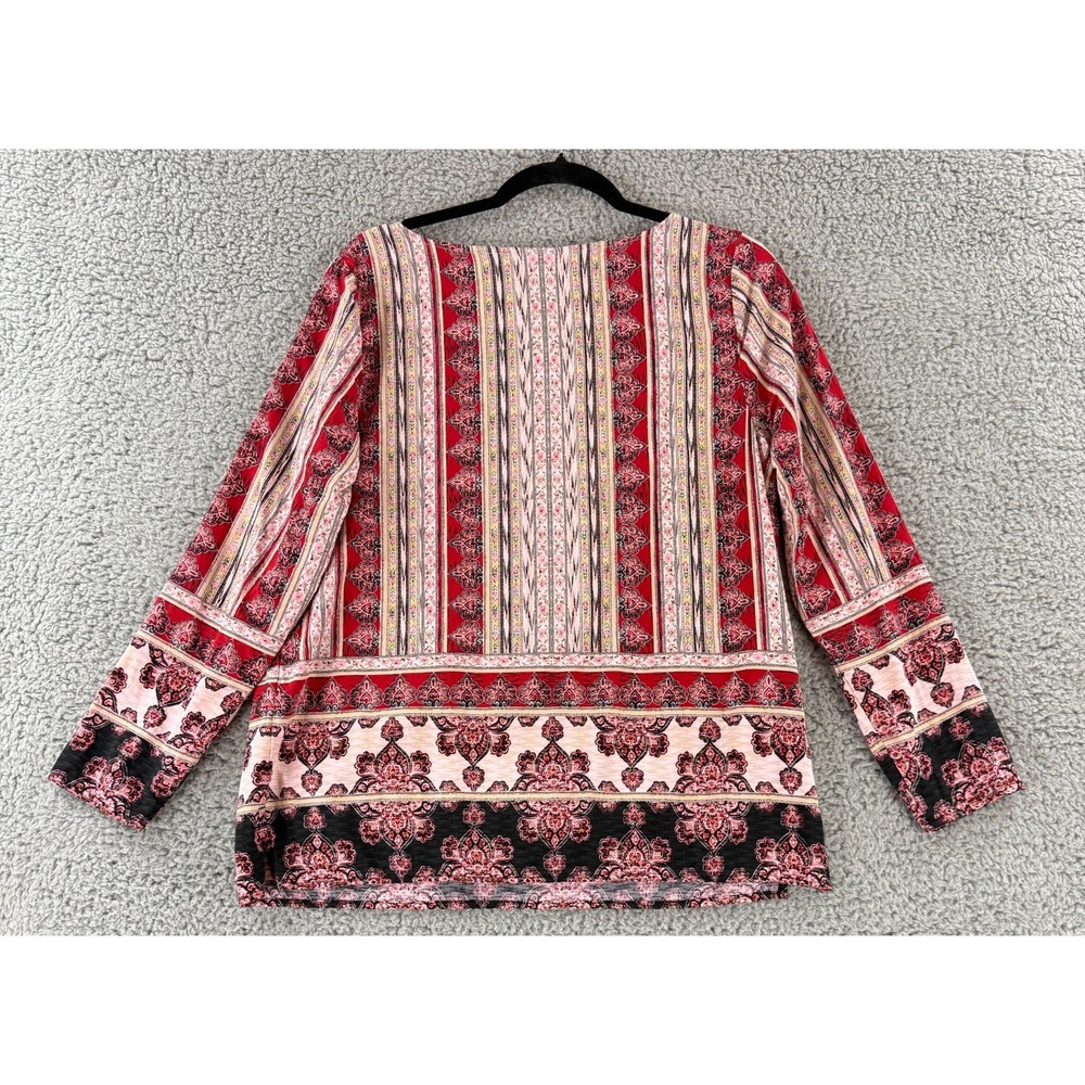 J. Jill Top Womens Medium Red Floral Mixed Media Long Sleeve Stretch Casual‎